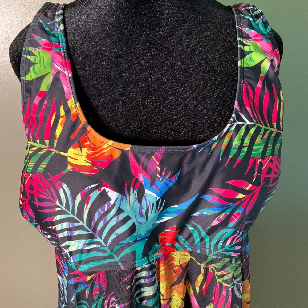 4XL Tropical Palm  Print Swim Dress Tankini Top Mesh Overlay Cover Up Front Slit